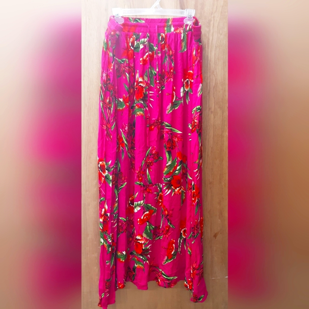 NWT!!! Cato Fuscia Tropics Floral Drawstring Elastic Waist Maxi Skirt. Sz 18/20W